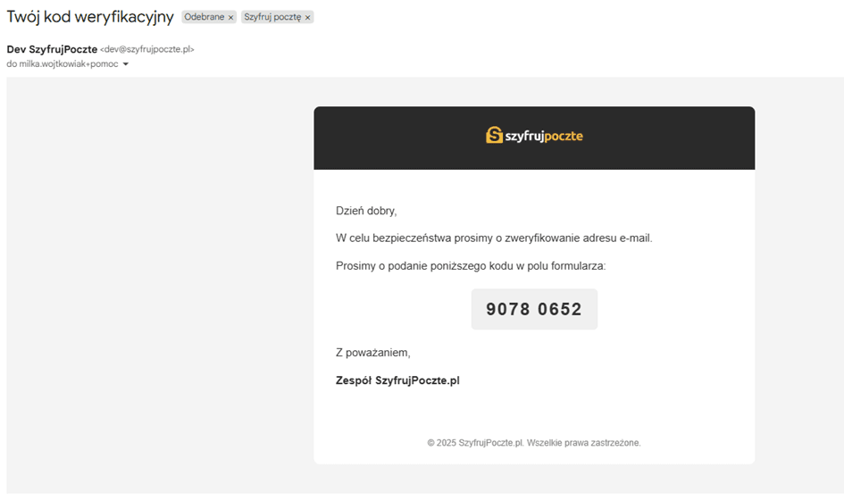 Wiadomość e-mail z kodem weryfikacyjnym