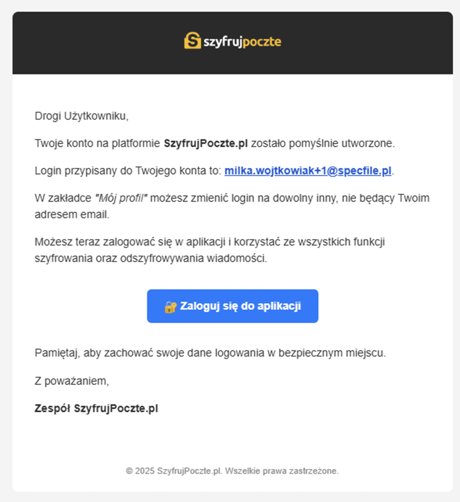 Mail potwierdzający rejestrację w szyfruj pocztę