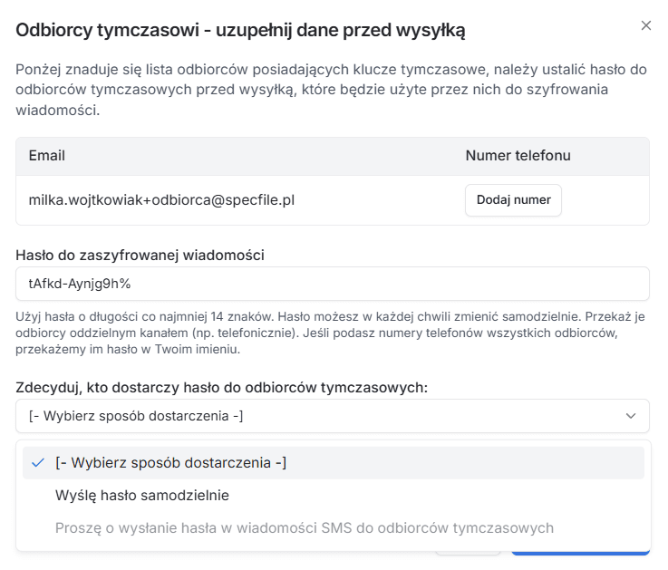 Widok okna ustalania i przekazywania hasła dla odbiorcy tymczasowego